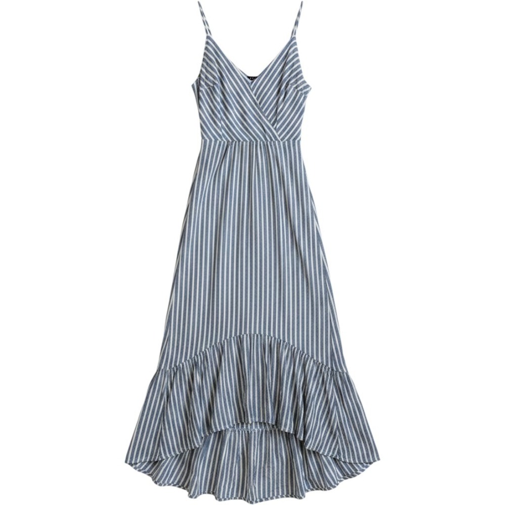 Bershka Women Midi Dress Size M Blue Striped Lace Up‎ Back High Low Hem